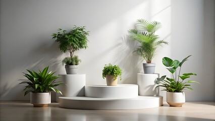 Fototapeta premium podium for product presentation. Wooden and white marble surface. Photo studio, minimal and modern. Green plant and leaves on the side of the image.
