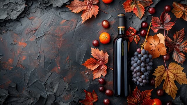 Artistic flat lay of wine bottle, ripe grapes, and orange leaves, isolated on a dark background, top view, ample copy space for text or branding
