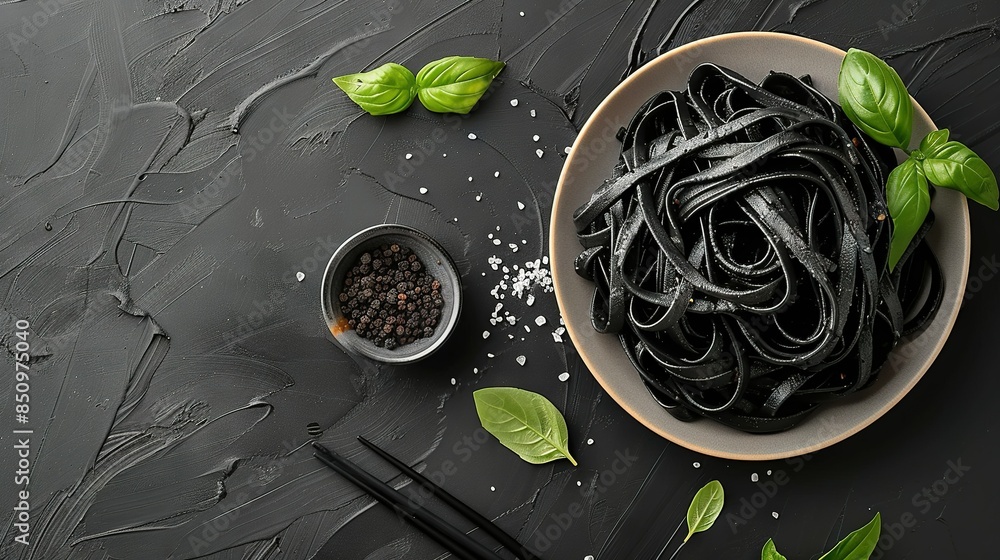 Sticker a bowl of black pasta sits beside chopsticks and a bowl of black beans on a black background