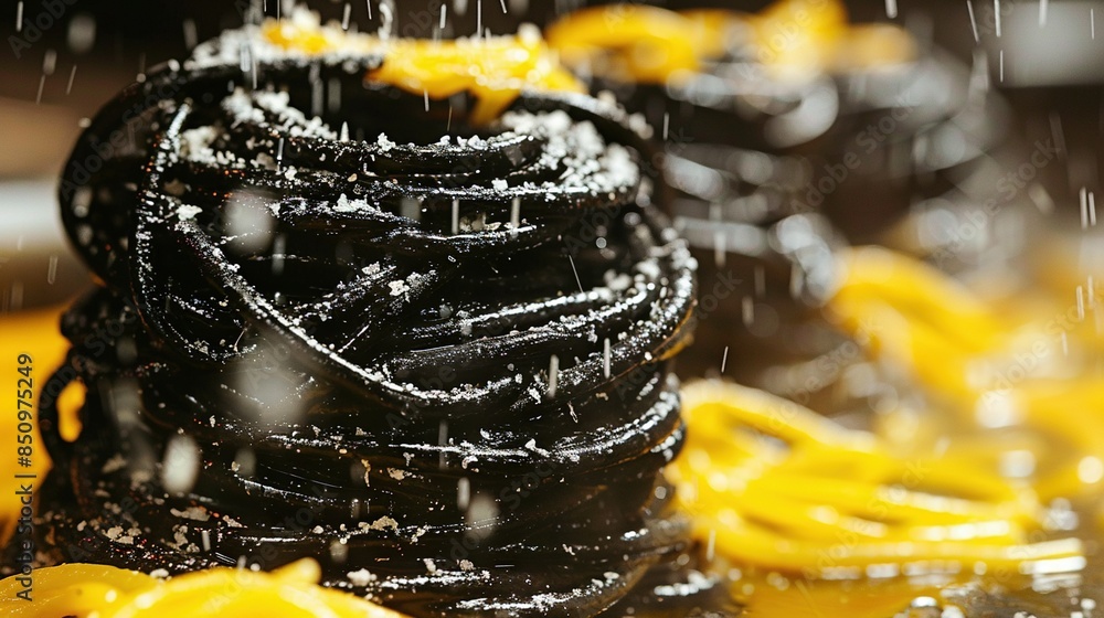 Wall mural   A mountain of black and yellow cables atop a drizzled metal desk