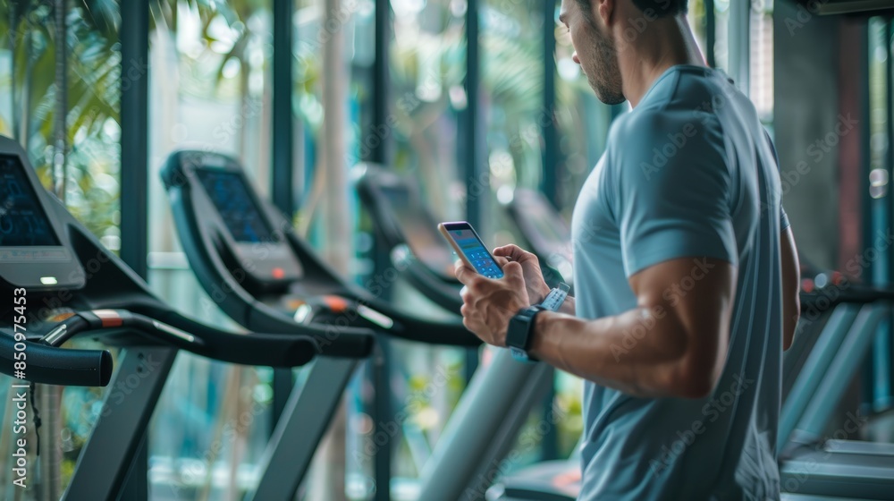 Poster fit individual monitoring intermittent fasting app while running on treadmill in modern gym