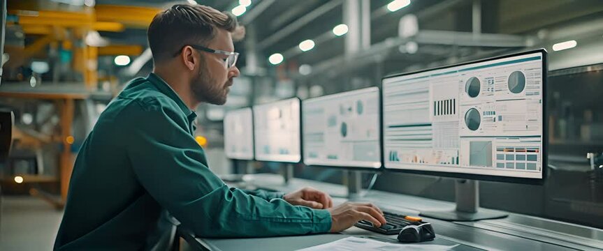 A manufacturing worker is examining screen statistics on assembly line performance.
