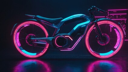 Fototapeta premium Futuristic AI autonomous bicycle with neon-lit control panels and holographic displays, 3D render style, vibrant neon pink and blue colors, high detail, realistic lighting