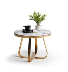 A sleek and modern round coffee table with a faux marble top and gold metal legs, perfect for adding a touch of elegance to any living space. Ideal for furniture retailers, home decor websites, and li