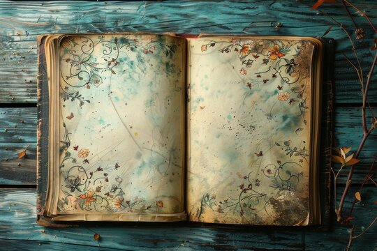 Mockup photo of a fairy tale book with whimsical illustrations on a wooden table