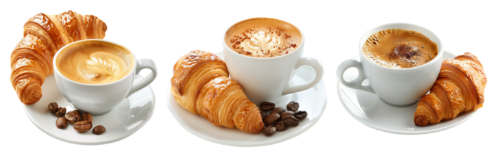 set of coffee with a croissant isolated on transparent background