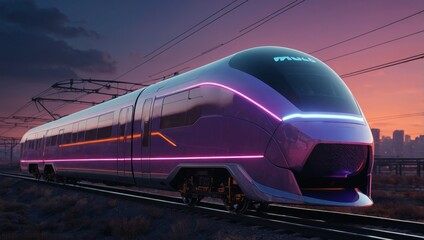 Naklejka premium Futuristic AI autonomous train with neon-lit control panels and holographic displays, 3D render style, vibrant neon purple and orange colors, high detail, realistic lighting