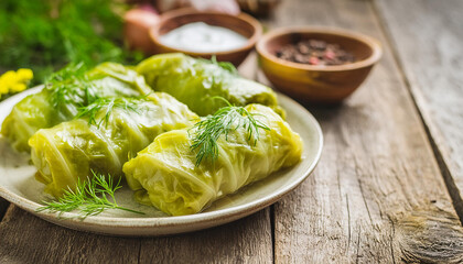 Tasty salted cabbage rolls on wooden table. Homemade healthy food. Delicious dish. Close-up.