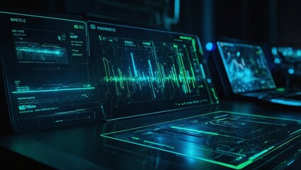 Futuristic AI neural interface with neon-lit touch controls and holographic display, dynamic style, vibrant neon blue and green colors, high detail, cinematic lighting