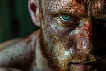 Close up of a man's face with detailed horror makeup, highlighting a piercing blue eye
