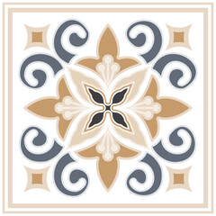 Tile pattern. Ceramic tiles. Vintage tiled. Seamless texture. Damask wallpaper. Decorative ornament. Brown background for design. Floor ornament. Pottery folk print.  Abstract floral endless. Vector