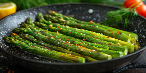 Green asparagus being sauteed in a frying pan on a stove, depicting a healthy cooking scene perfect for content related to nutritious, vegan, or vegetarian diets. Copy space