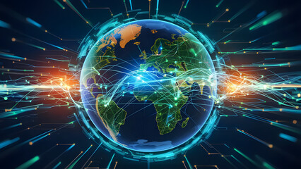 Digital illustration world globe, concept of global network and connectivity on Earth, high speed data transfer and cyber technology, information exchange and international telecommunication