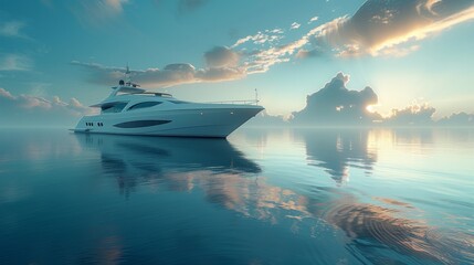 Luxury yacht sailing on calm sea at sunset with dramatic clouds