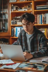 Obraz premium High School Student Focused on Science Project at Home Using Laptop and Materials