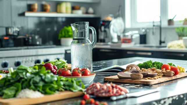 Modern Kitchen Countertop with DASH Diet Ingredients for Healthy Cooking