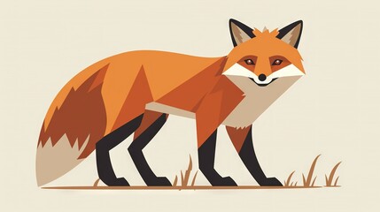 Fototapeta premium A fox stands in the grass, turning its head to face the camera