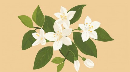   A bouquet of white flowers with green leaves on a beige background featuring a light pink backdrop