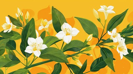   Yellow canvas featuring white blooms against a green leaf backdrop