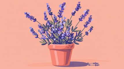  A pot with purple flowers on a pink background and a shadow below it