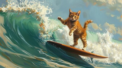 Illustration showing a cat riding a surfboard on the waves. Ai generated image
