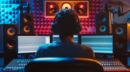 Fototapeta premium Music producer working in modern sound recording studio with professional equipment and multiple monitors. Audio editing and mixing process.
