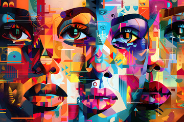 Colorful abstract face collage. Generative AI.