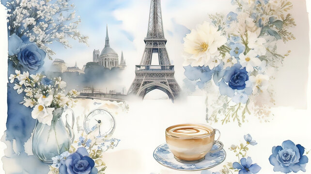 Mood board, illustration of a watercolor collage with French motifs and patterns of watercolor images of Paris landmarks,