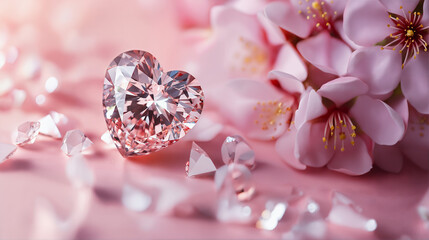Luxury Jewelry, Silver Diamond Heart with flowers decoration on a pink background, Mother's day, Lover Valentine 