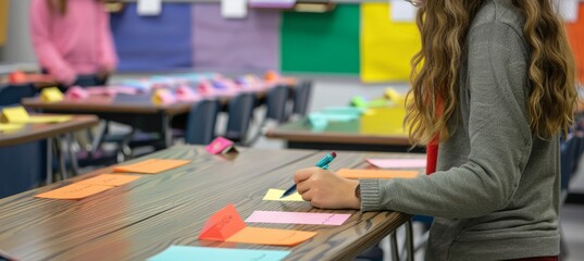Teacher Preparing Student Name Tags in Classroom for New School Year, Education, Organization