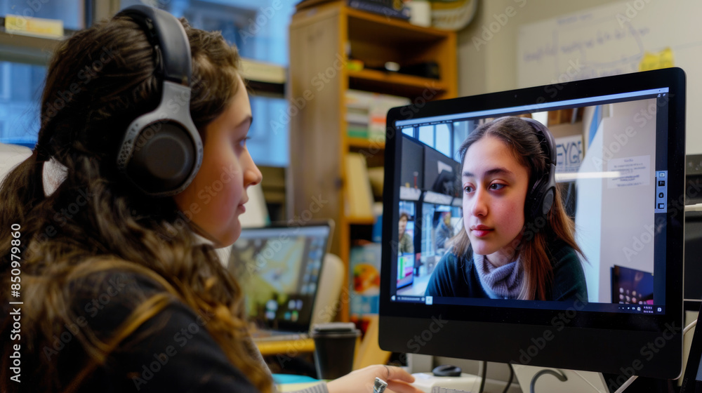 Poster student receiving virtual homework help from an online tutor through a video call
