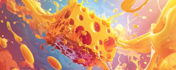 Naklejka premium Block of swiss cheese splashing into orange liquid