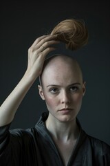 Obraz premium a woman with a bald head holding her hair