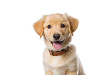 An adorable Golden Retriever puppy with a playful expression, wearing a brown leather collar. Perfect for pet-related websites, marketing materials, and animal care publications.