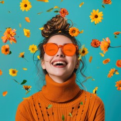Obraz premium a woman wearing sunglasses and a sweater is surrounded by flowers