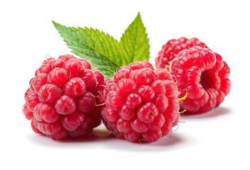 raspberries on white background, Three ripe, juicy raspberries with a vibrant red hue and a single green leaf, showcasing their freshness and deliciousness. Perfect for food blogs, recipe websites, 