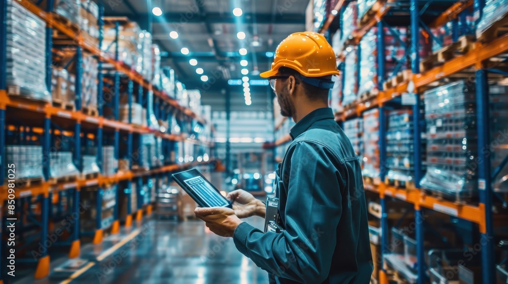 Poster a bustling warehouse with workers using handheld devices to scan and manage inventory.
