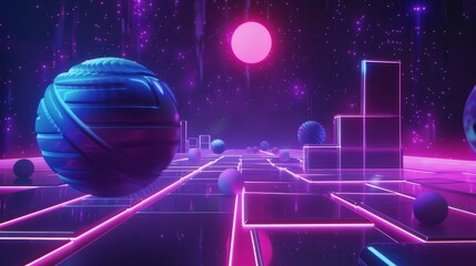 An animated ball with neon lights jumping between square tiles in the air, the background is dark purple and pink in the style of vaporwave aesthetics.