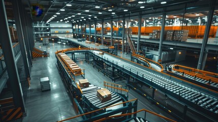 A bustling e-commerce fulfillment center with automated picking systems, conveyor belts, and employees packing orders, highlighting the efficiency of modern logistics in e-commerce.
