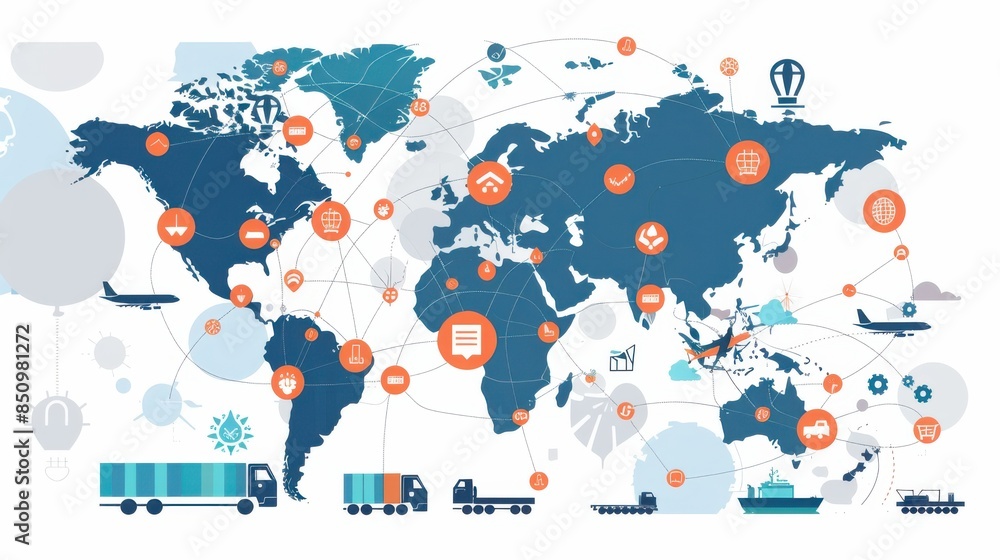Poster a detailed map of the world with interconnected lines representing global supply chains, featuring i