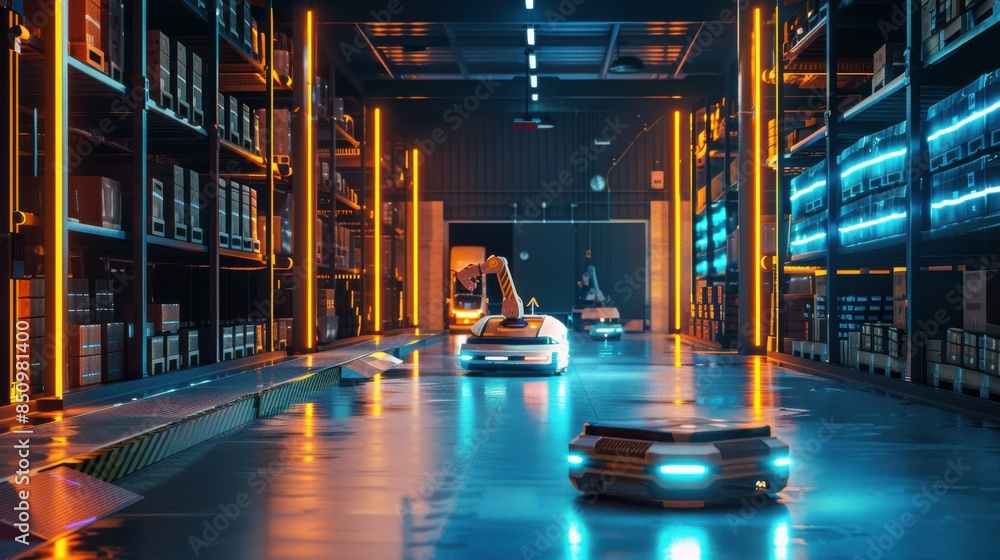 Poster a futuristic warehouse with advanced robotics and automated systems efficiently moving packages, ill