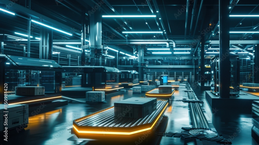 Poster a futuristic warehouse with advanced robotics and automated systems efficiently moving packages, ill