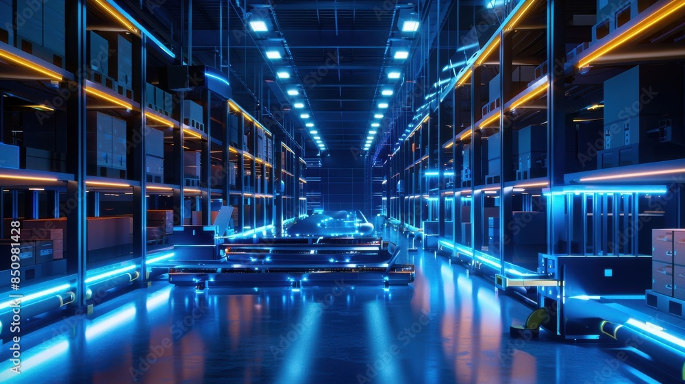Poster a futuristic warehouse with advanced robotics and automated systems efficiently moving packages, ill