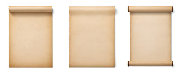  Three blank antique parchment scrolls with rolled edges, perfect for adding a touch of history or vintage charm to designs. Ideal for invitations, announcements, historical documents,or fantasy-theme