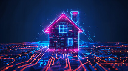 a neon light house on printed circuit board, Smart home IOT technology, home connection automation
