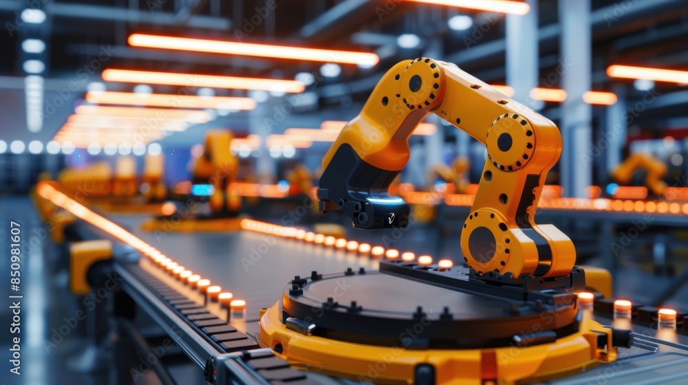 Poster advanced robotic systems sorting and retrieving items in a high-tech warehouse.