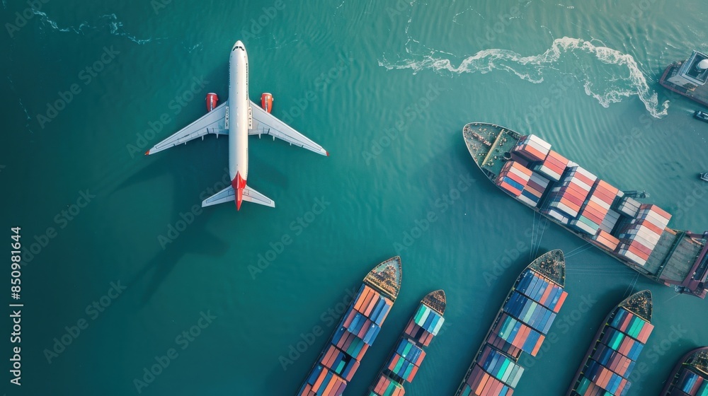 Poster aerial view of cargo plane and ship port: an aerial view showing a cargo plane flying above a busy s