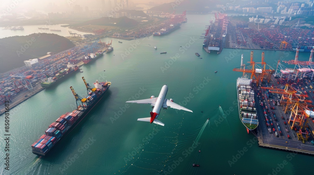 Aufkleber aerial view of global trade hub: an expansive aerial view of a global trade hub with a cargo plane a