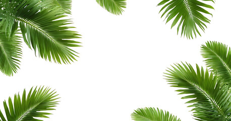  Lush green palm leaves create a natural frame on a clean white background, perfect for adding a touch of tropical paradise to designs. Ideal for travel brochures, summer promotions, eco-friendly prod