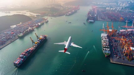 Aerial View of Global Trade Hub: An expansive aerial view of a global trade hub with a cargo plane approaching a port filled with container ships and cranes in action